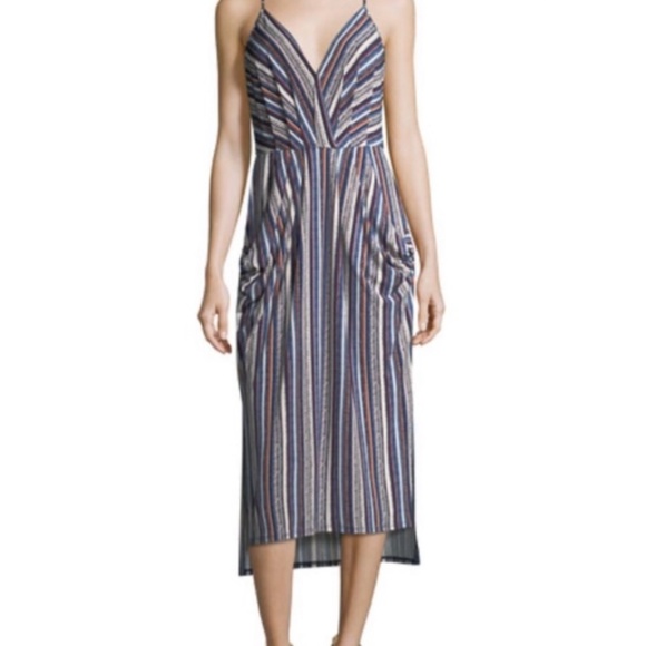 BCBGeneration Striped Midi Dress Draped Pockets Sleeveless V-neck Pull-on Sz. L - Picture 3 of 15